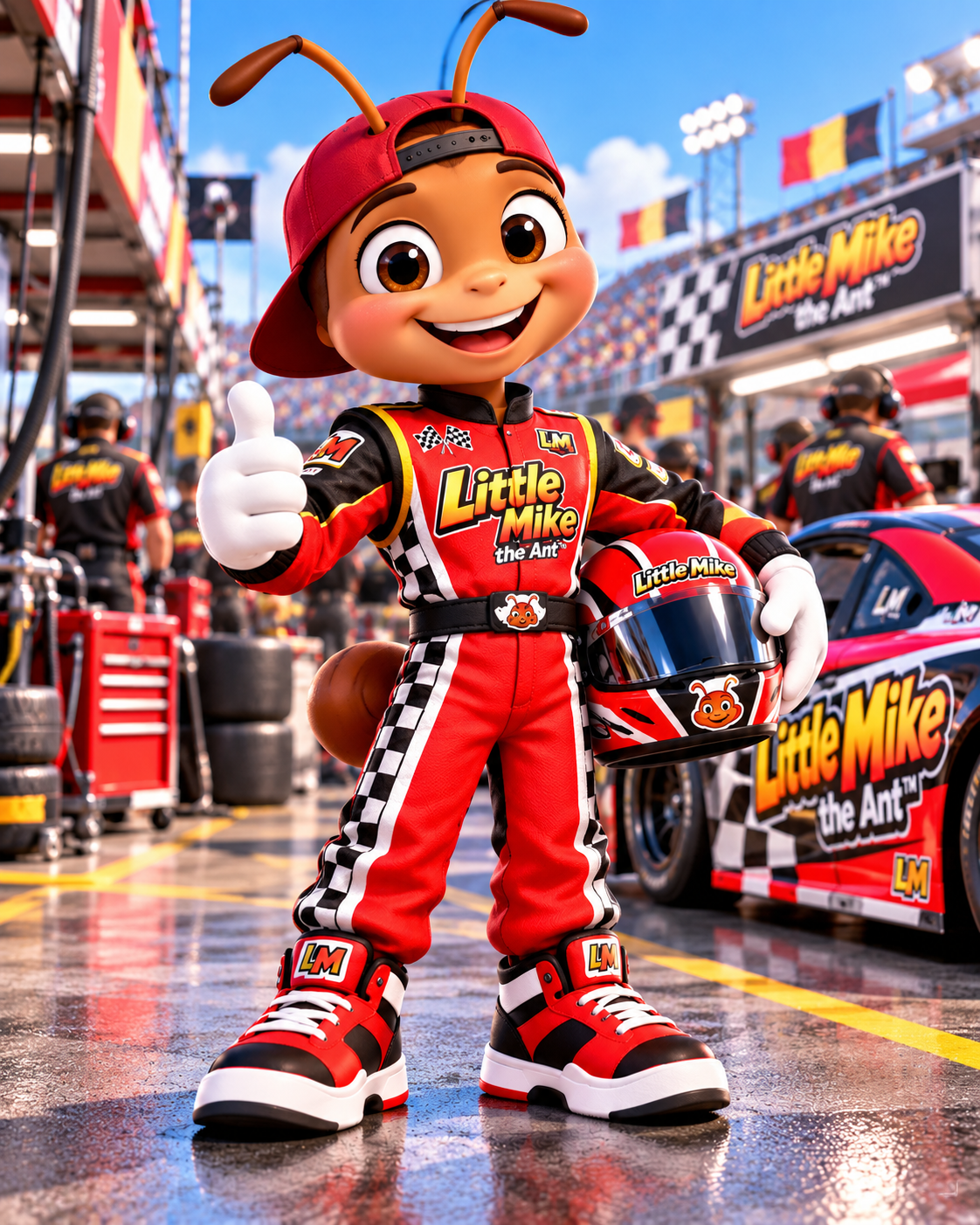 Little Mike giving a thumbs-up in a bright racing pit lane