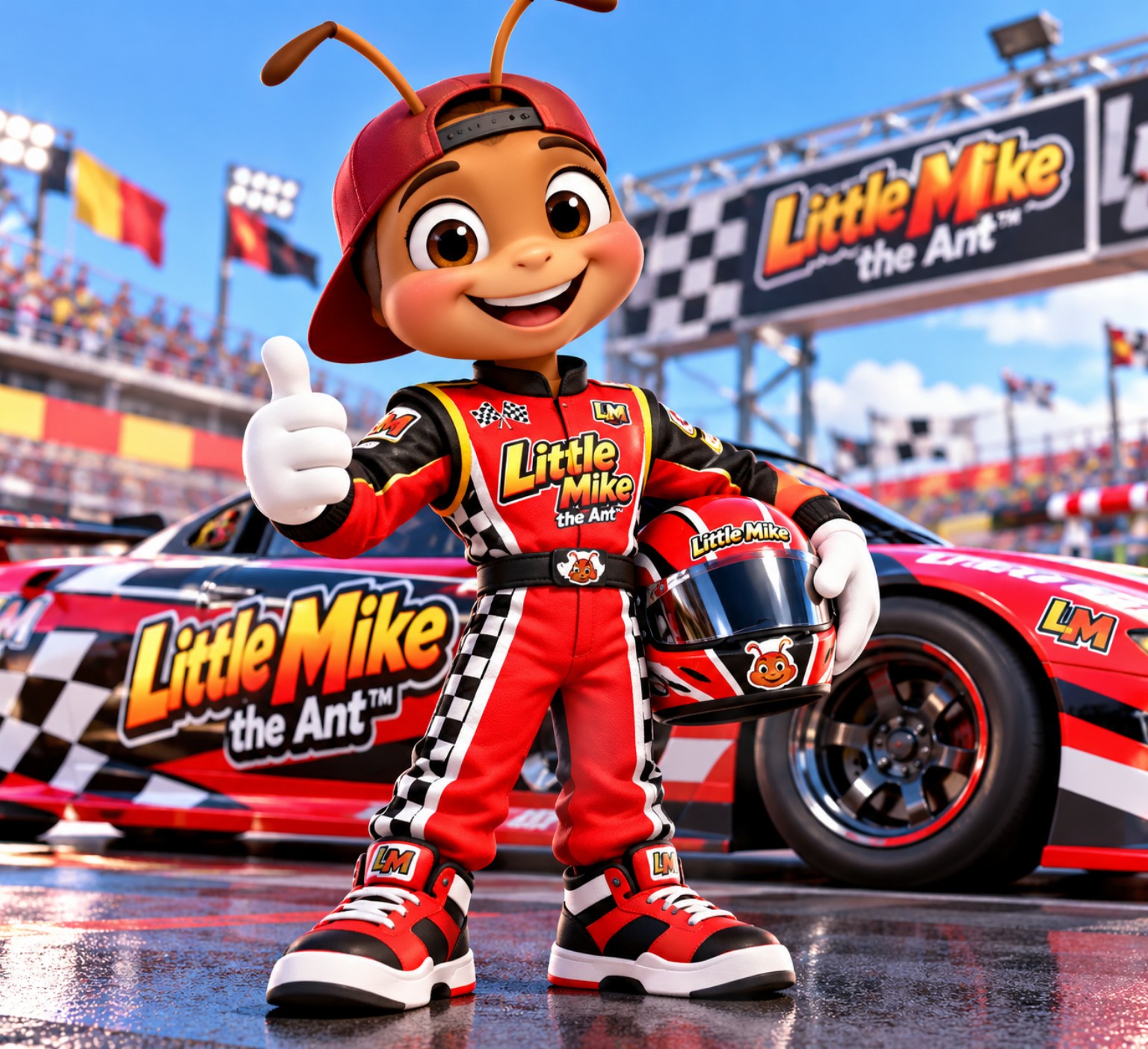 Little Mike race driver beside his race car